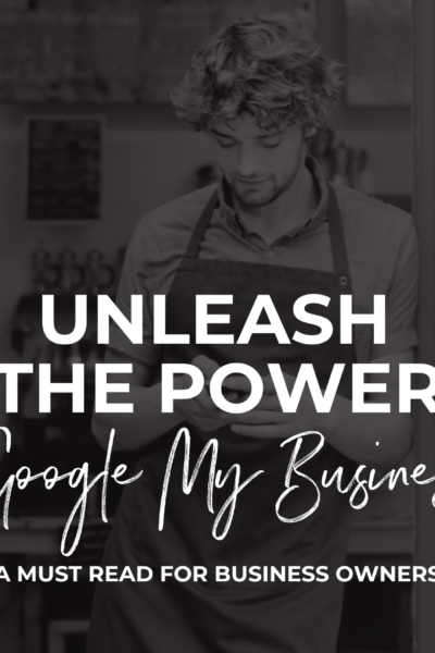 Young male business owner engaging with his Google My Business profile on his cell phone, under the banner 'Unleash the Power of Google My Business: A Must-Read for Business Owners'. A practical guide on leveraging digital marketing strategies from The Marketing Designer & Co.